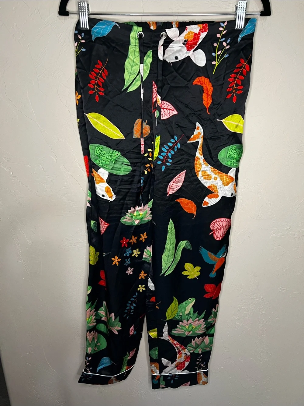 Karen Mabon 100% Silk Black Botanical Koi Fish Bird Luxury 2 Piece Pajama Set